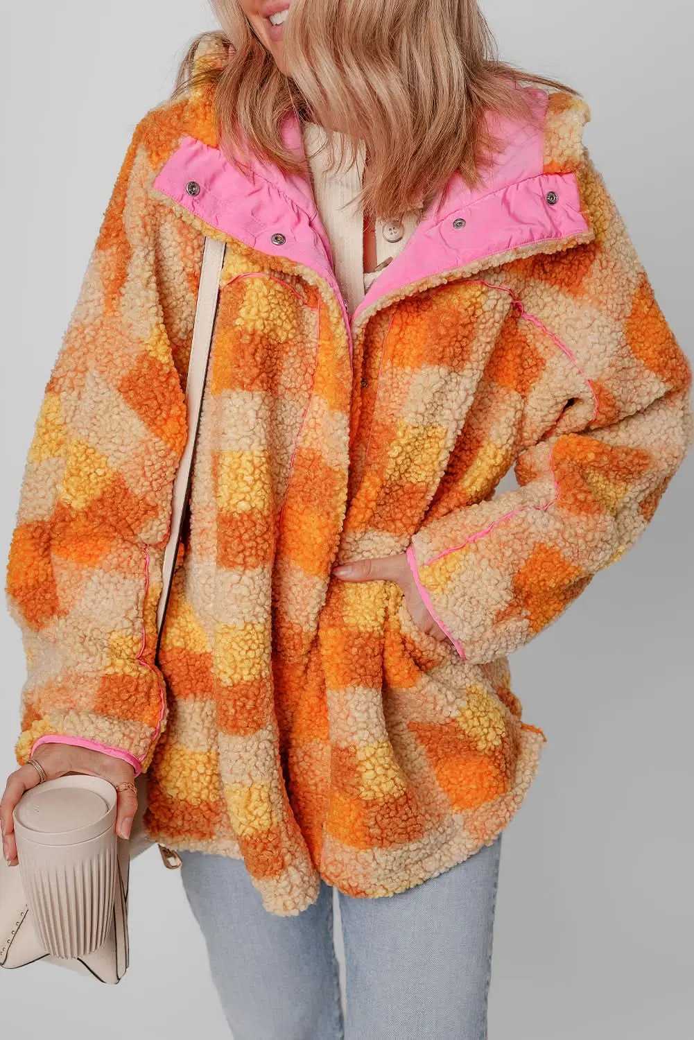 Jackets Love Salve Cozy orange checkered sherpa jacket