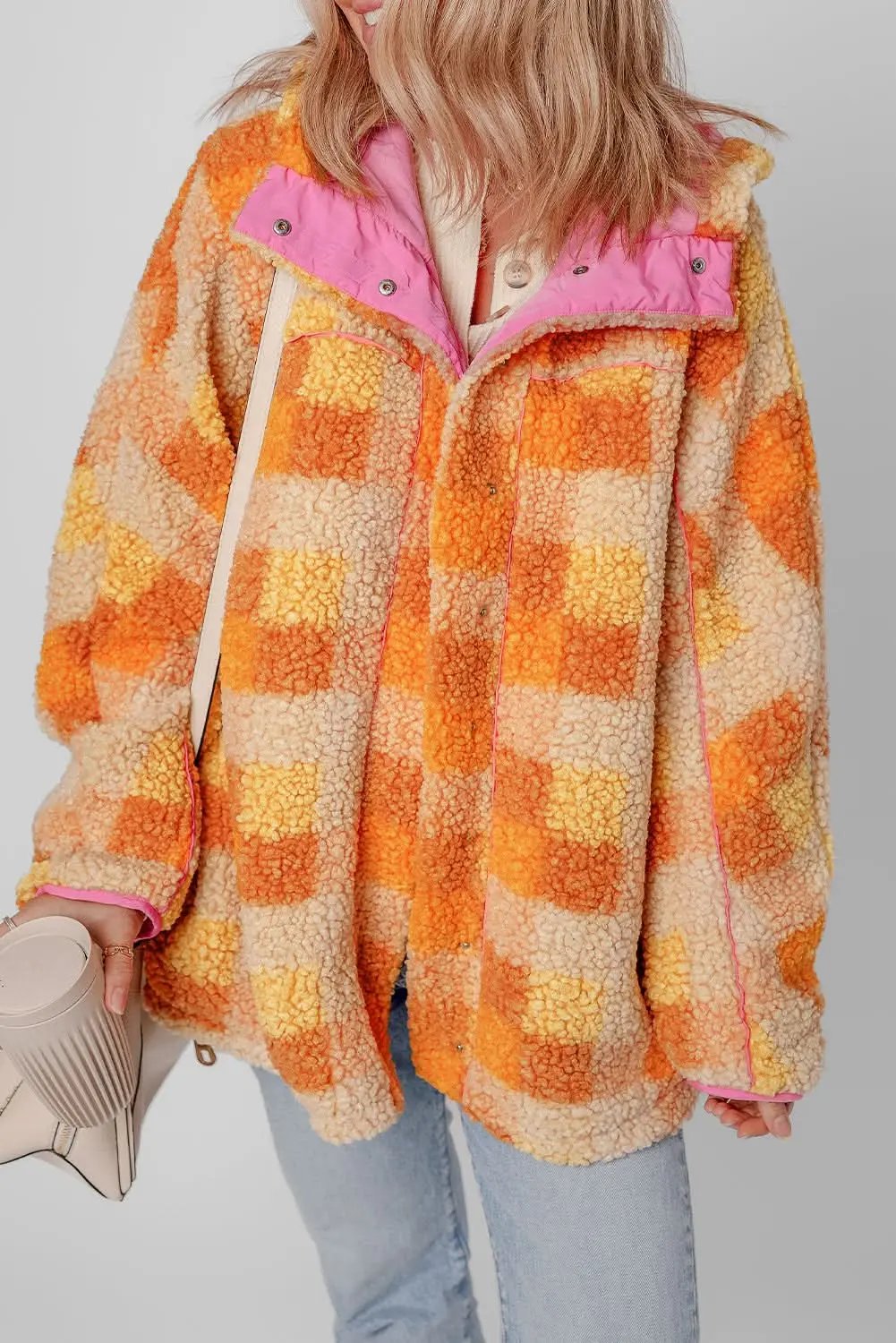 Jackets Love Salve Cozy orange checkered sherpa jacket