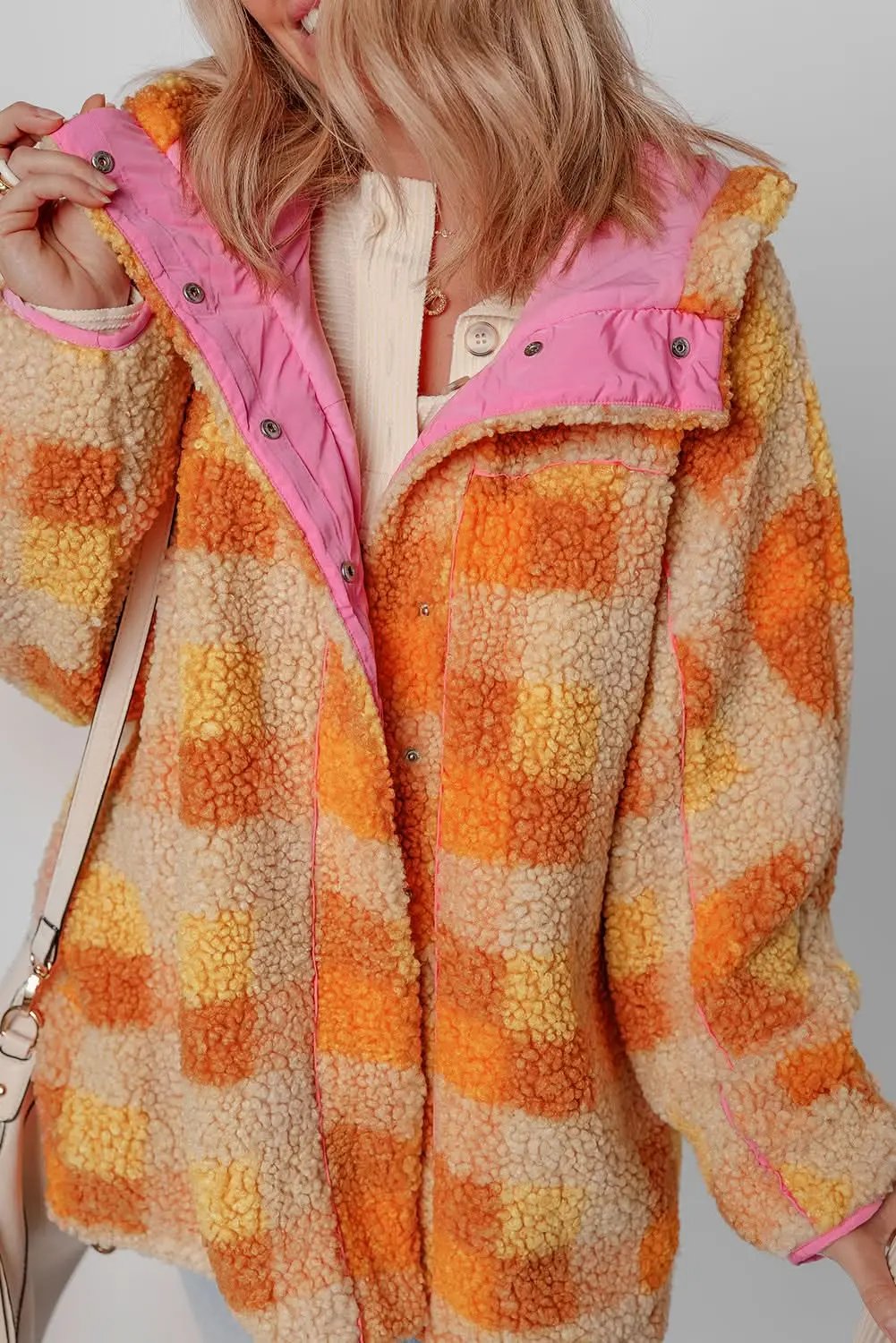 Jackets Love Salve Cozy orange checkered sherpa jacket