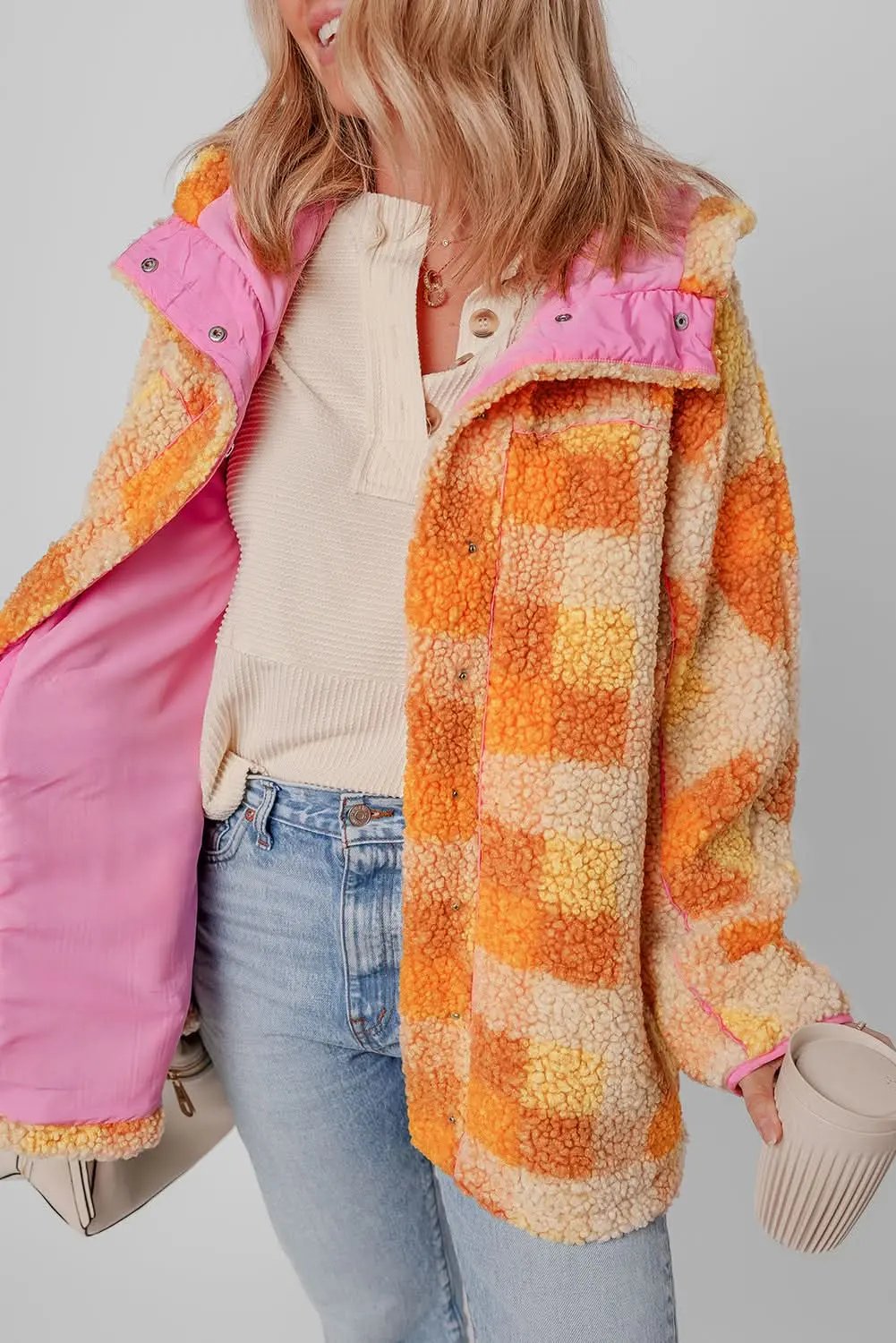 Jackets Love Salve Cozy orange checkered sherpa jacket