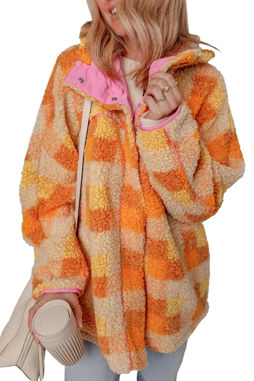 Jackets Love Salve Cozy orange checkered sherpa jacket