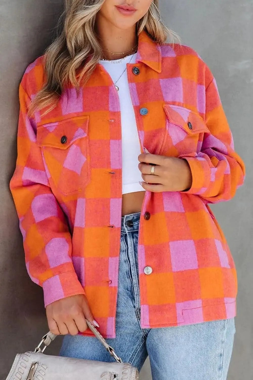 Women's Plaid Jacket Orange Plaid Button-Up Jacket - Fall Casual & Stylish