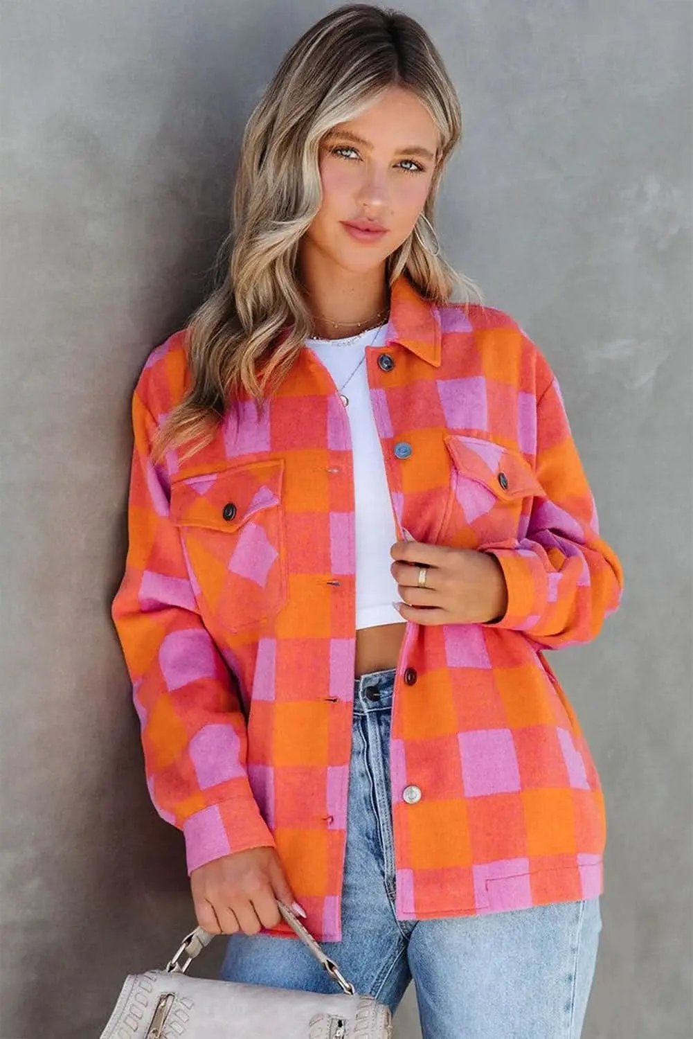 Women's Plaid Jacket Orange Plaid Button-Up Jacket - Fall Casual & Stylish