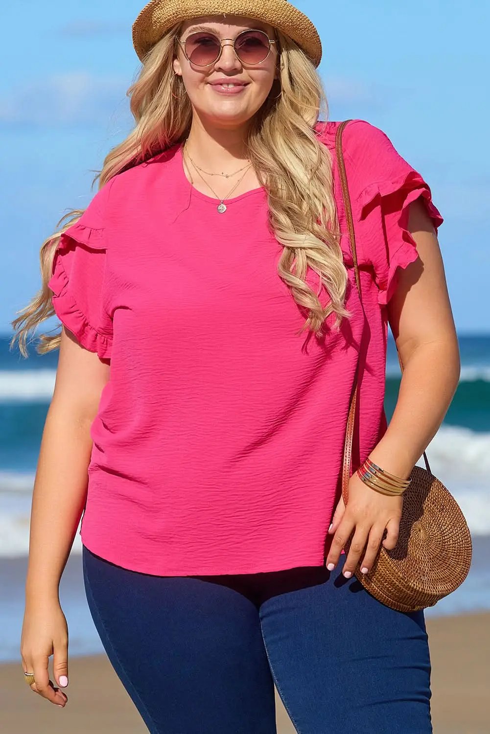 Pants Love Salve Bright Pink Ruffled Short Sleeve Plus Size Top
