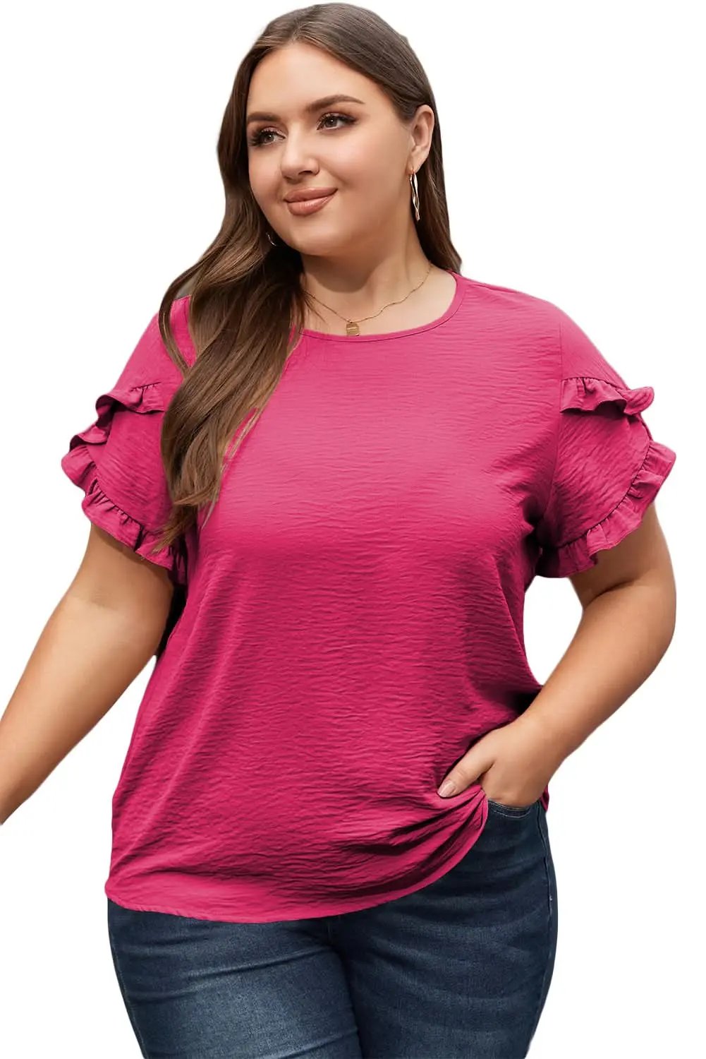 Pants Love Salve Bright Pink Ruffled Short Sleeve Plus Size Top