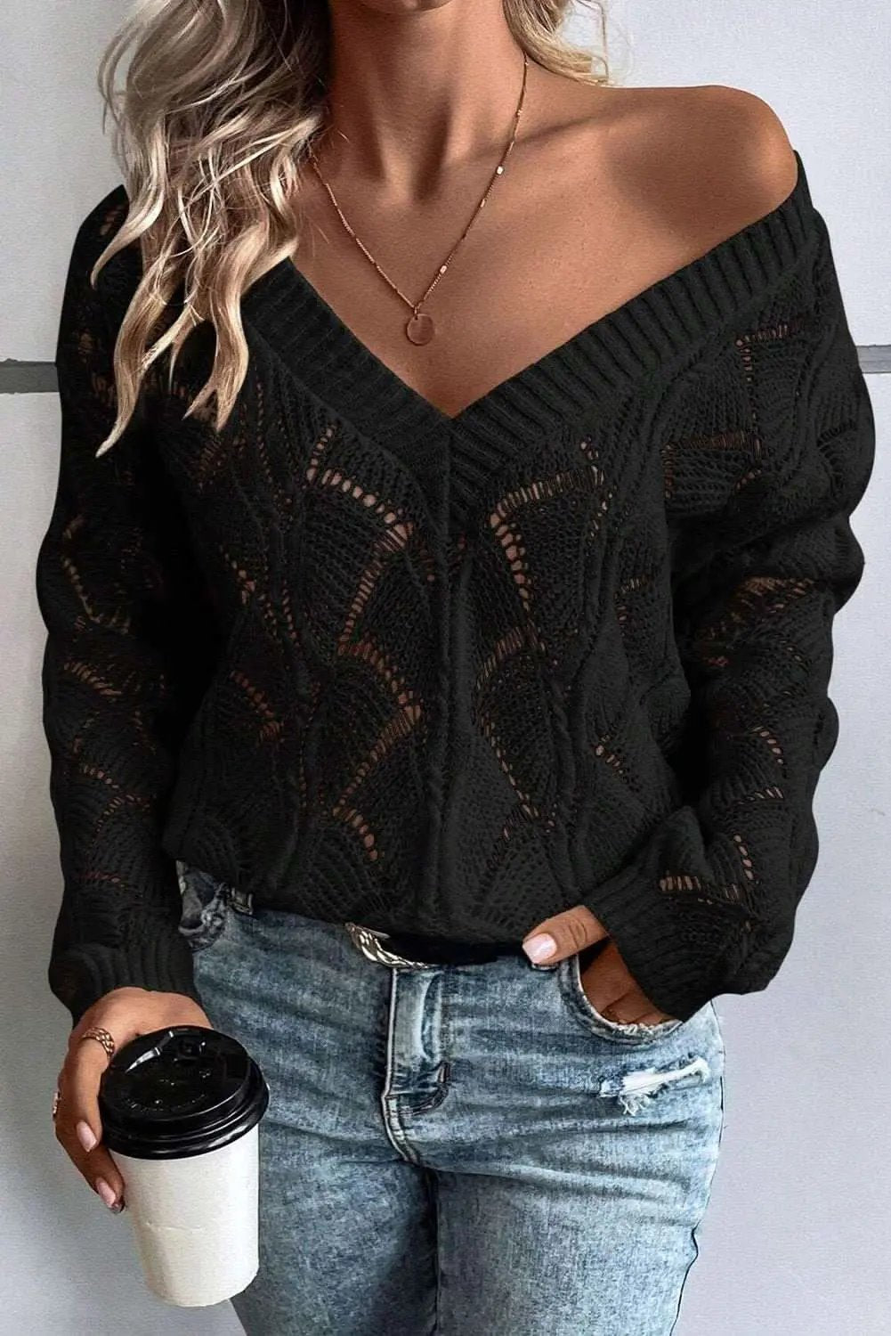 Sweaters Love Salve Chic black hollow knit v-neck sweater