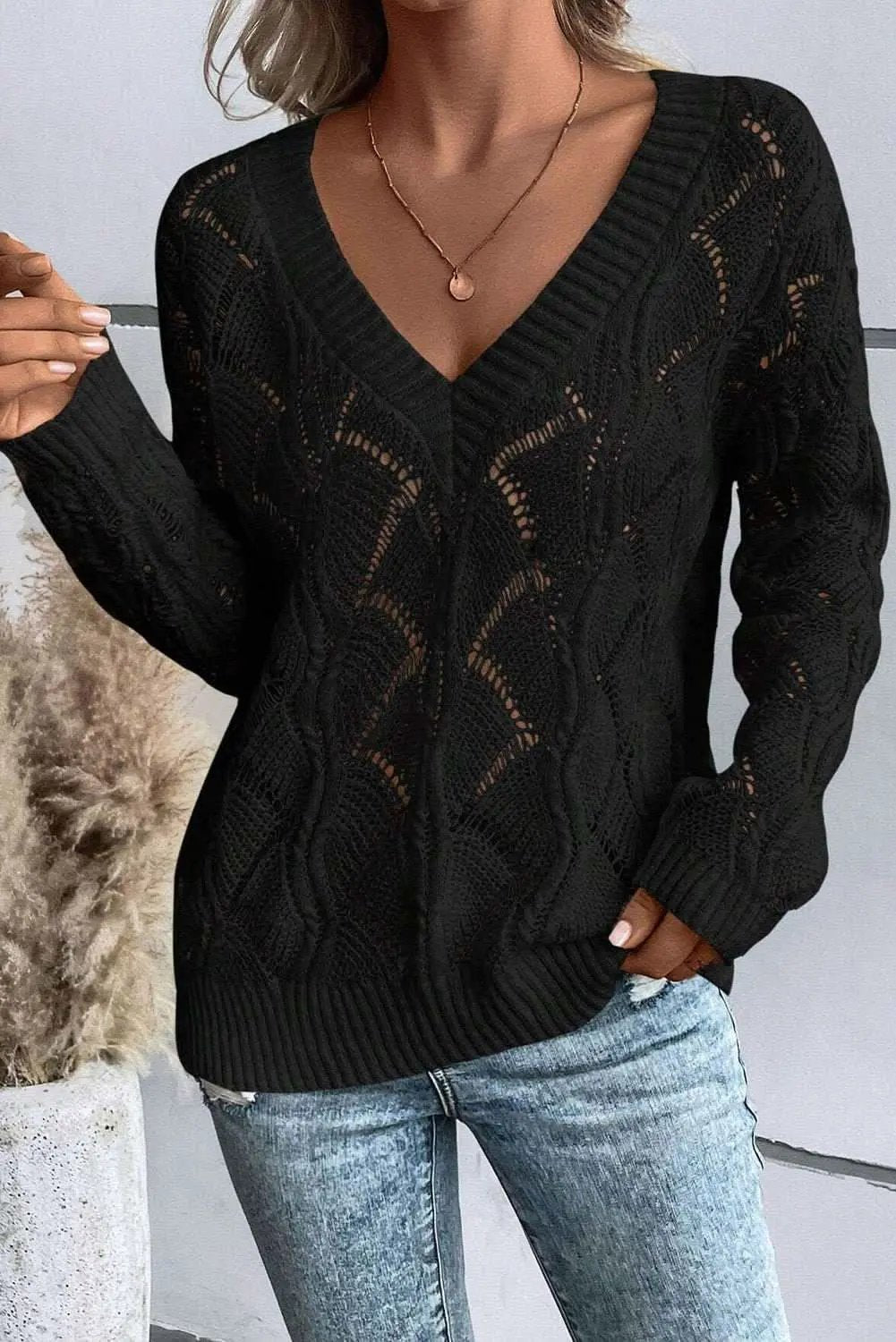 Sweaters Love Salve Chic black hollow knit v-neck sweater
