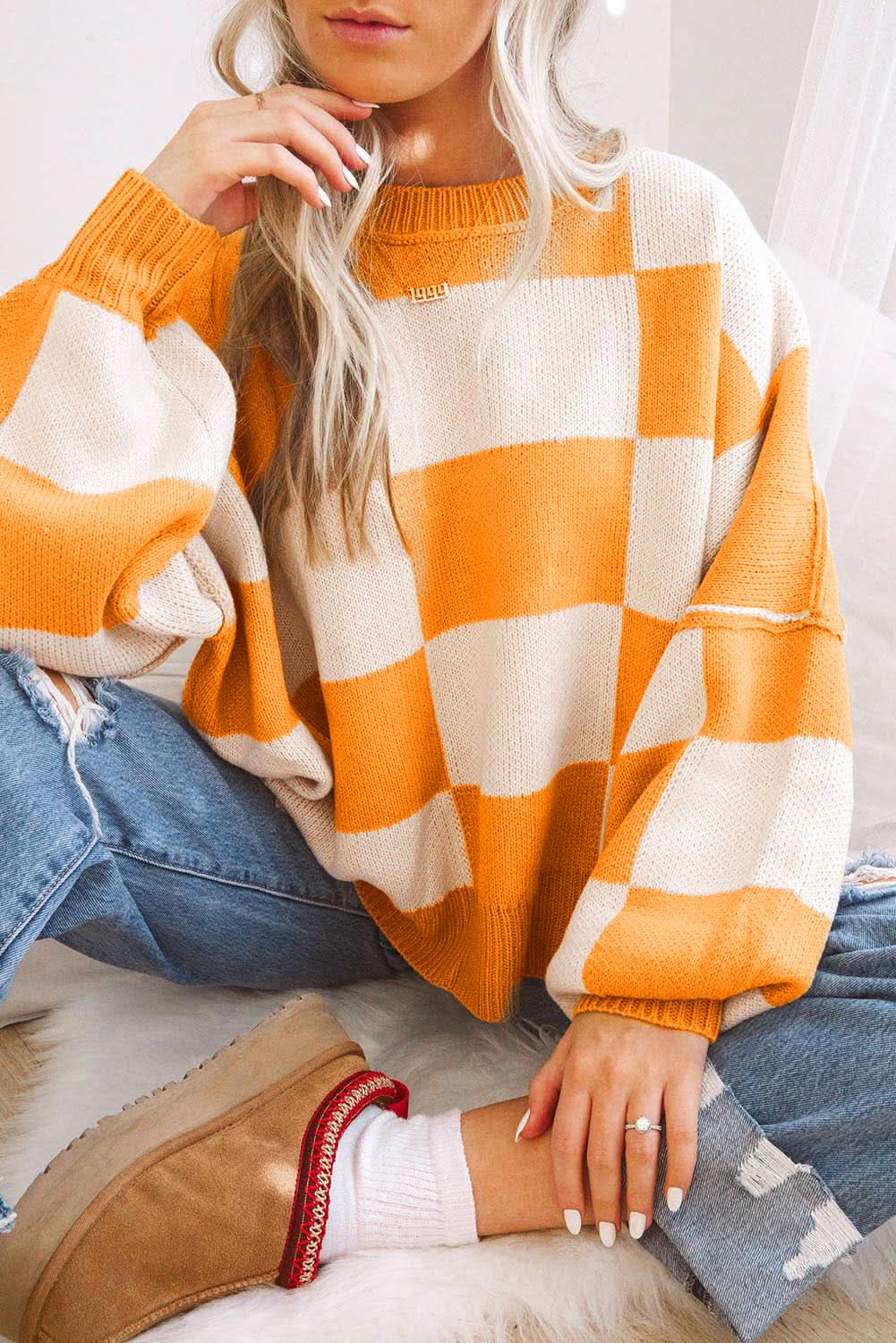 Sweaters Love Salve Orange Checkered Bishop Sleeve Sweater