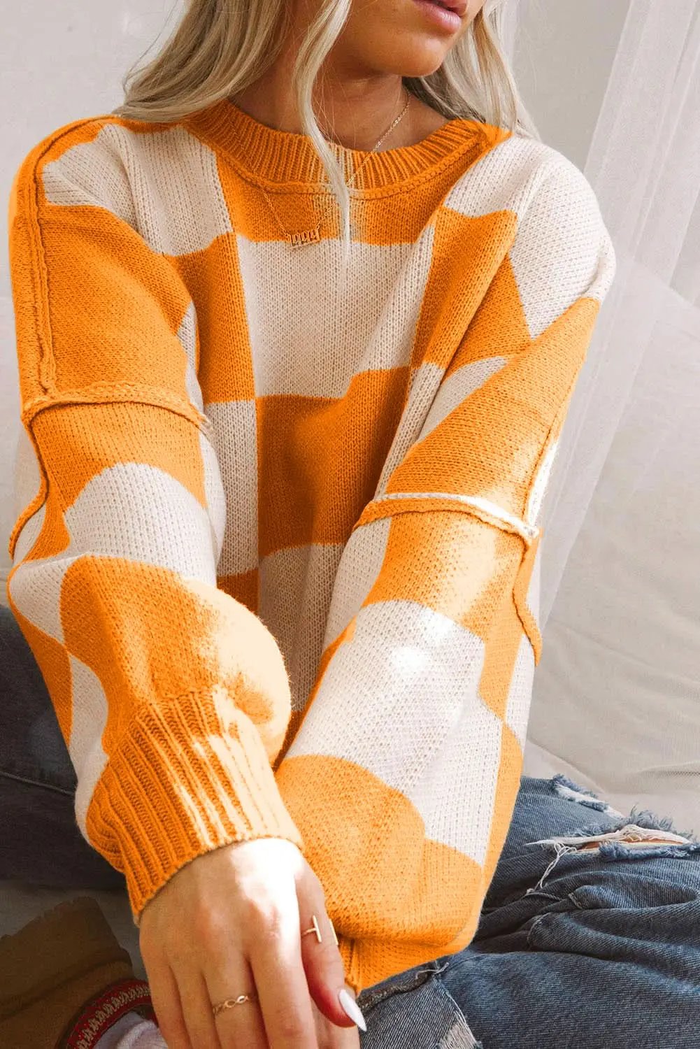 Sweaters Love Salve Orange Checkered Bishop Sleeve Sweater