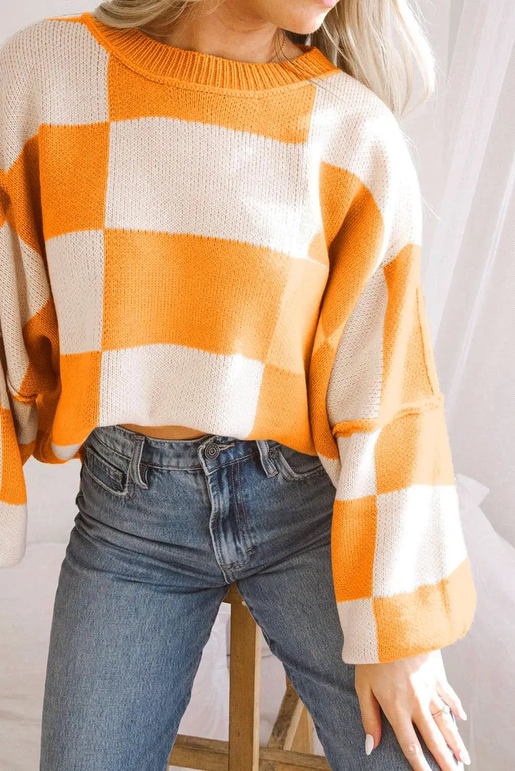 Sweaters Love Salve Orange Checkered Bishop Sleeve Sweater