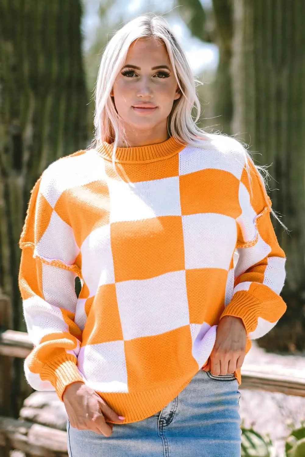 Sweaters Love Salve Orange Checkered Bishop Sleeve Sweater