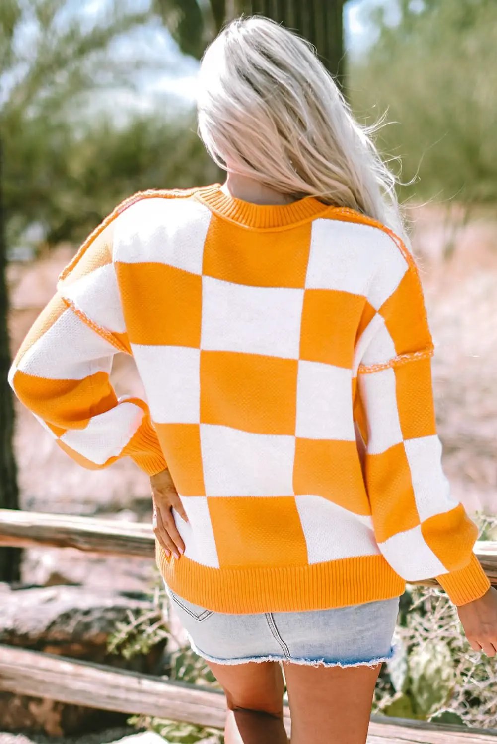Sweaters Love Salve Orange Checkered Bishop Sleeve Sweater
