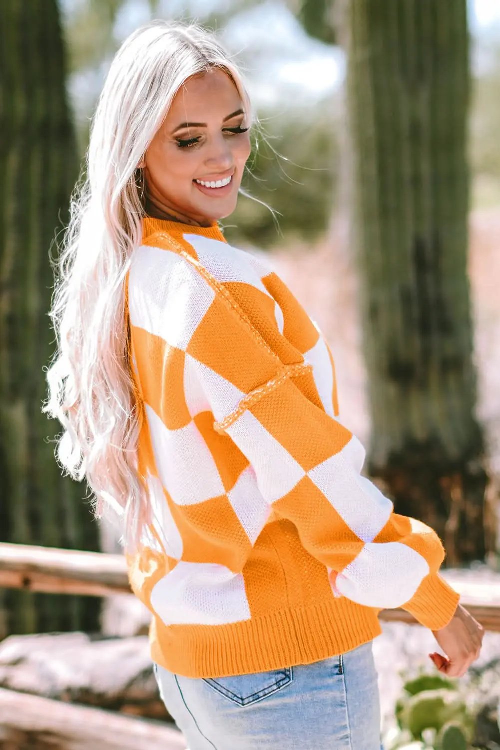 Sweaters Love Salve Orange Checkered Bishop Sleeve Sweater