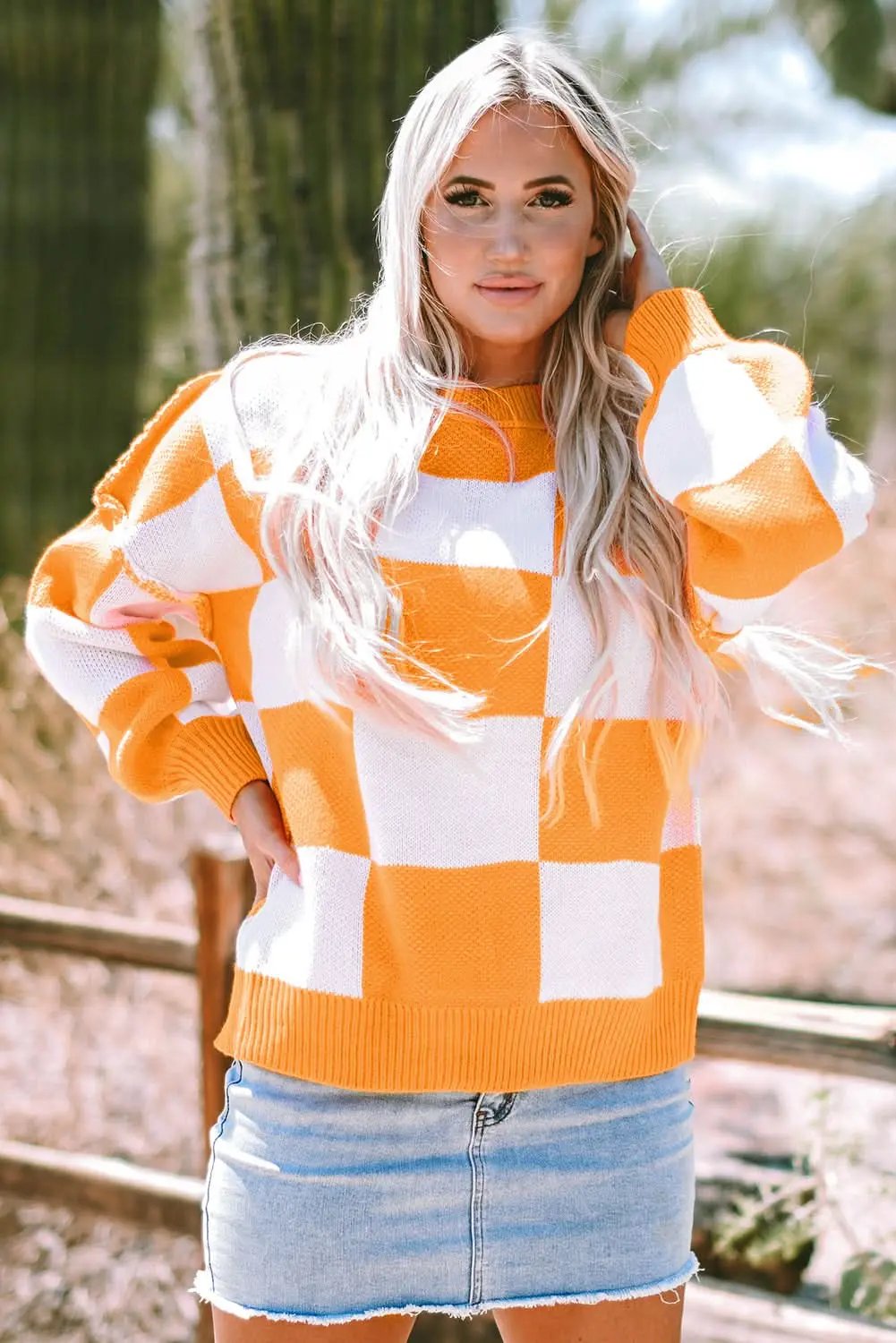 Sweaters Love Salve Orange Checkered Bishop Sleeve Sweater