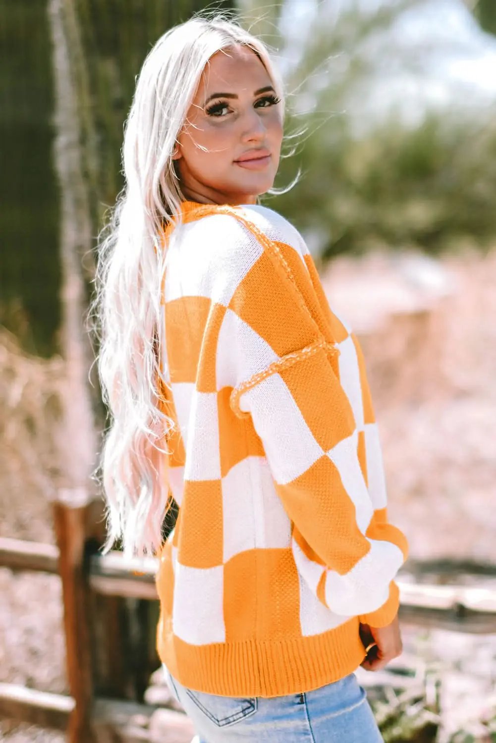 Sweaters Love Salve Orange Checkered Bishop Sleeve Sweater