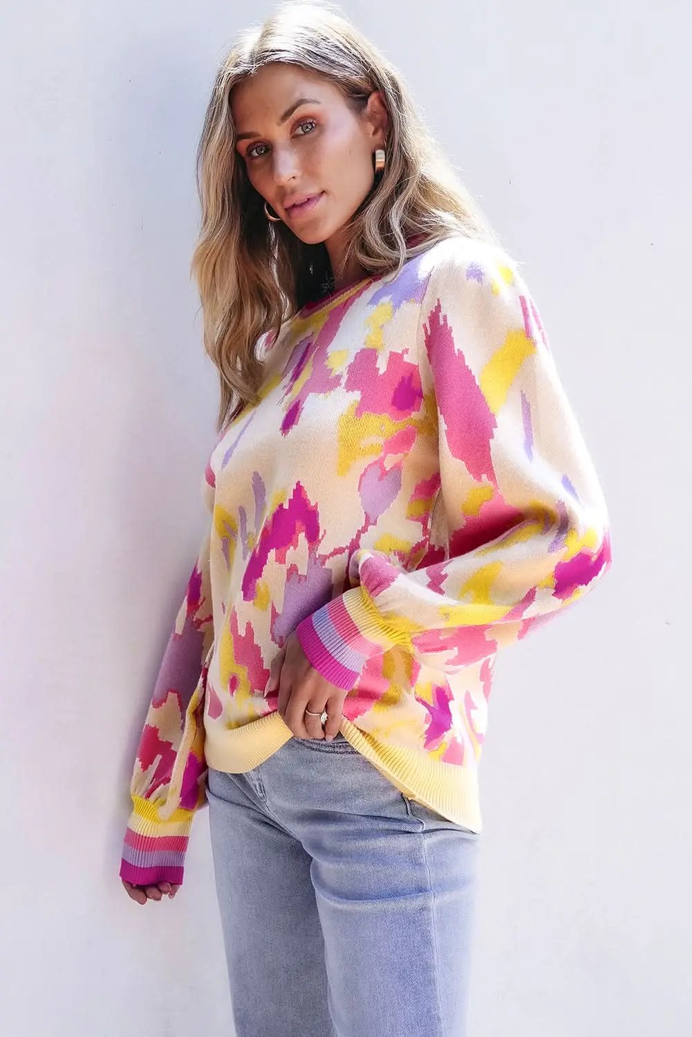 Pants Love Salve Khaki Colorblock Sweater Women's Fall Fashion Balloon Sleeve Knit Top