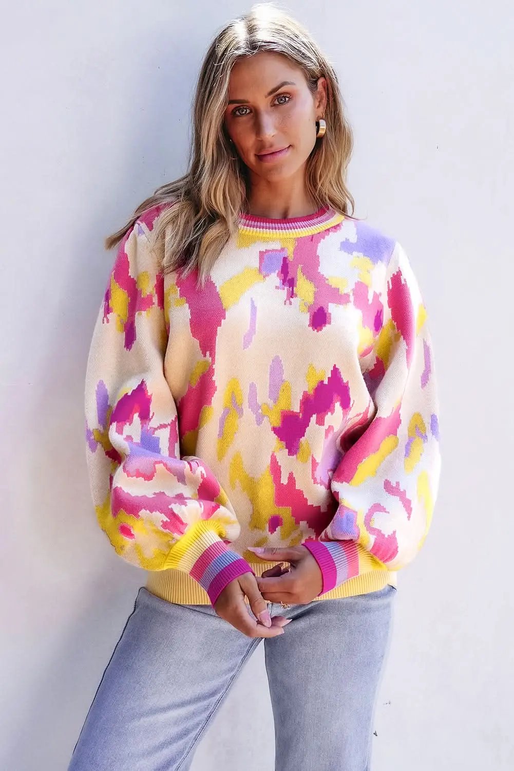 Pants Love Salve Khaki Colorblock Sweater Women's Fall Fashion Balloon Sleeve Knit Top