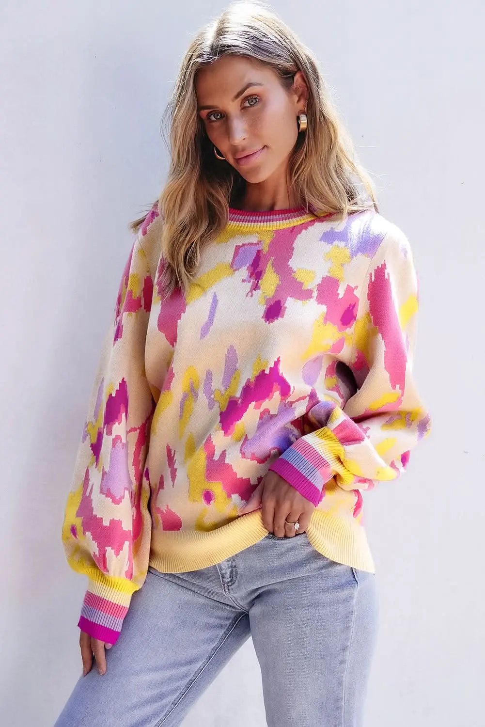 Pants Love Salve Khaki Colorblock Sweater Women's Fall Fashion Balloon Sleeve Knit Top