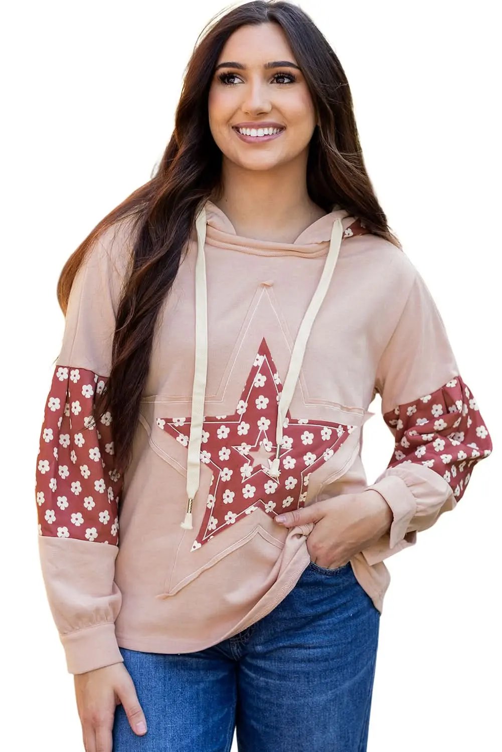 Women's Hoodie - Floral Star Patchwork - Casual Winter Top