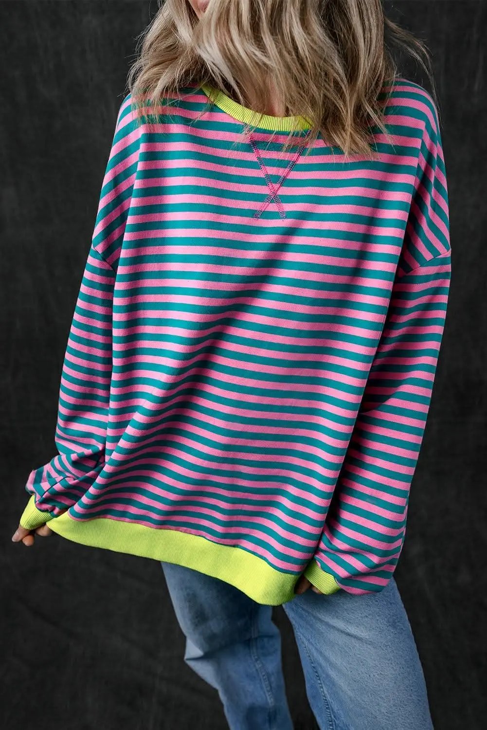 Sweaters Love Salve Trendy oversized green striped pullover