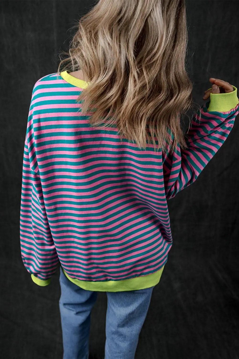 Sweaters Love Salve Trendy oversized green striped pullover