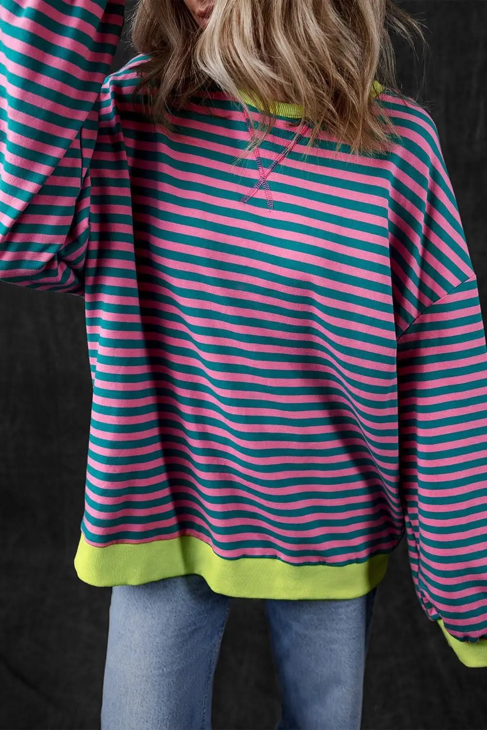 Sweaters Love Salve Trendy oversized green striped pullover
