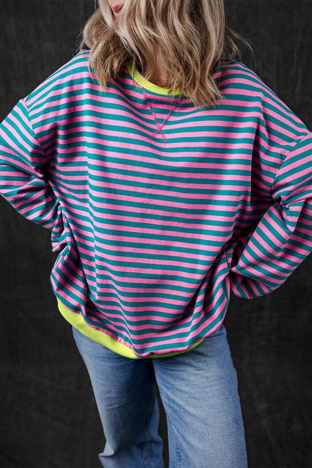 Sweaters Love Salve Trendy oversized green striped pullover
