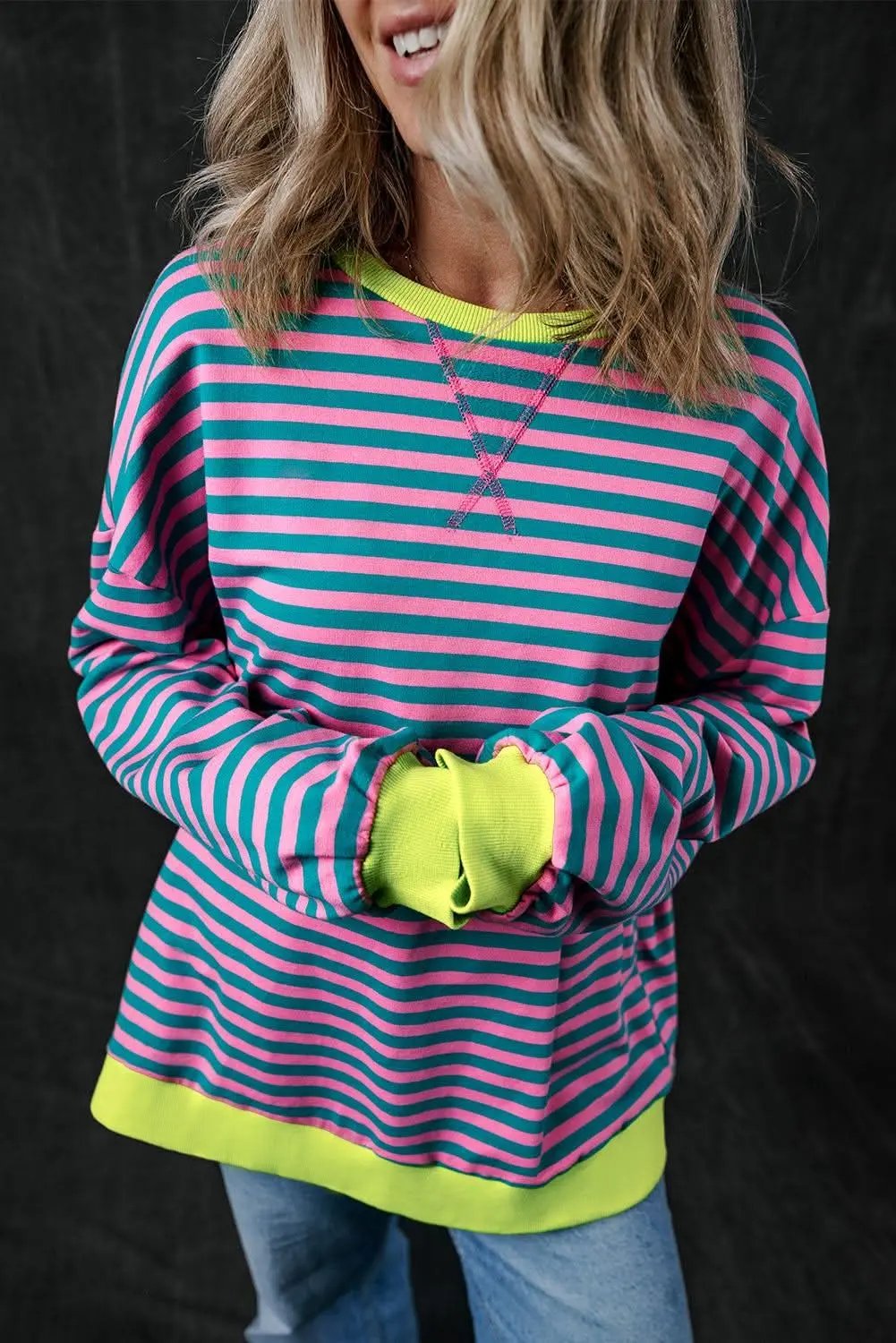 Sweaters Love Salve Trendy oversized green striped pullover