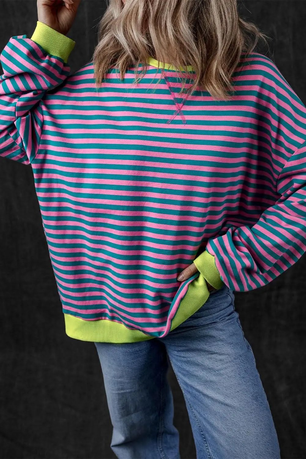 Sweaters Love Salve Trendy oversized green striped pullover