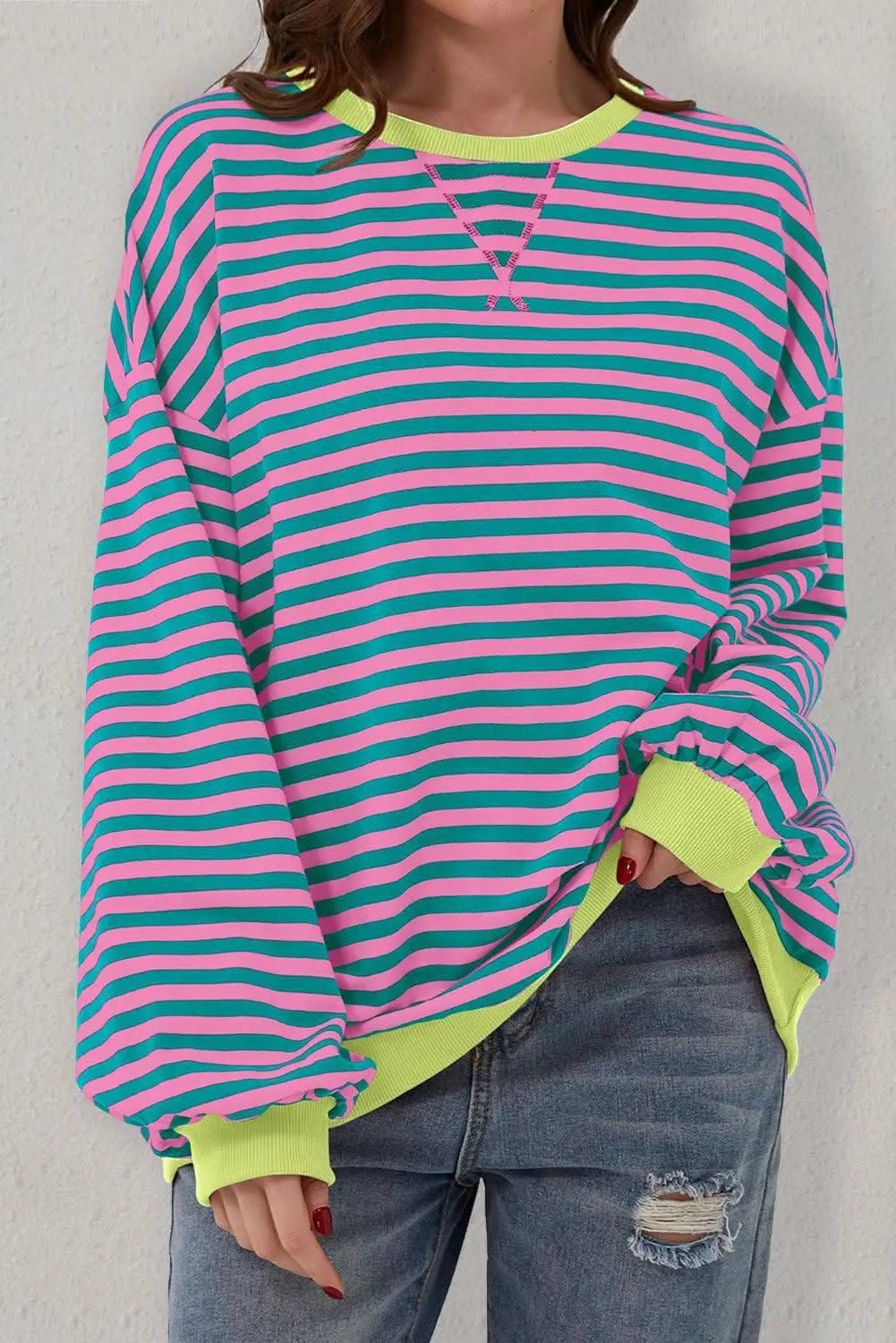Sweaters Love Salve Trendy oversized green striped pullover