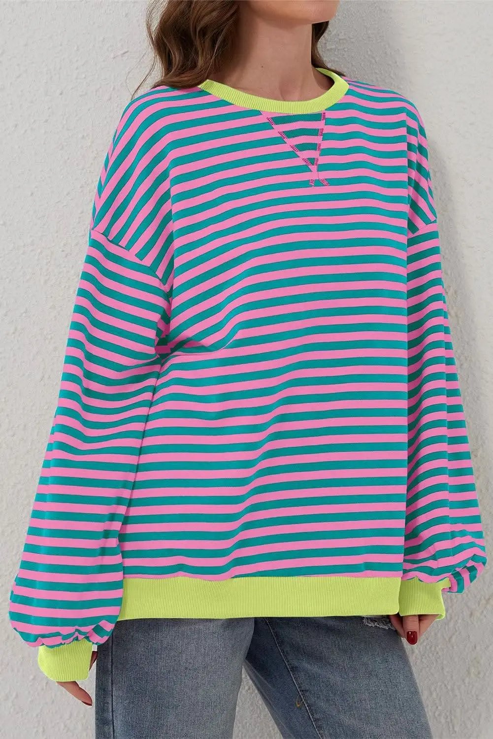Sweaters Love Salve Trendy oversized green striped pullover