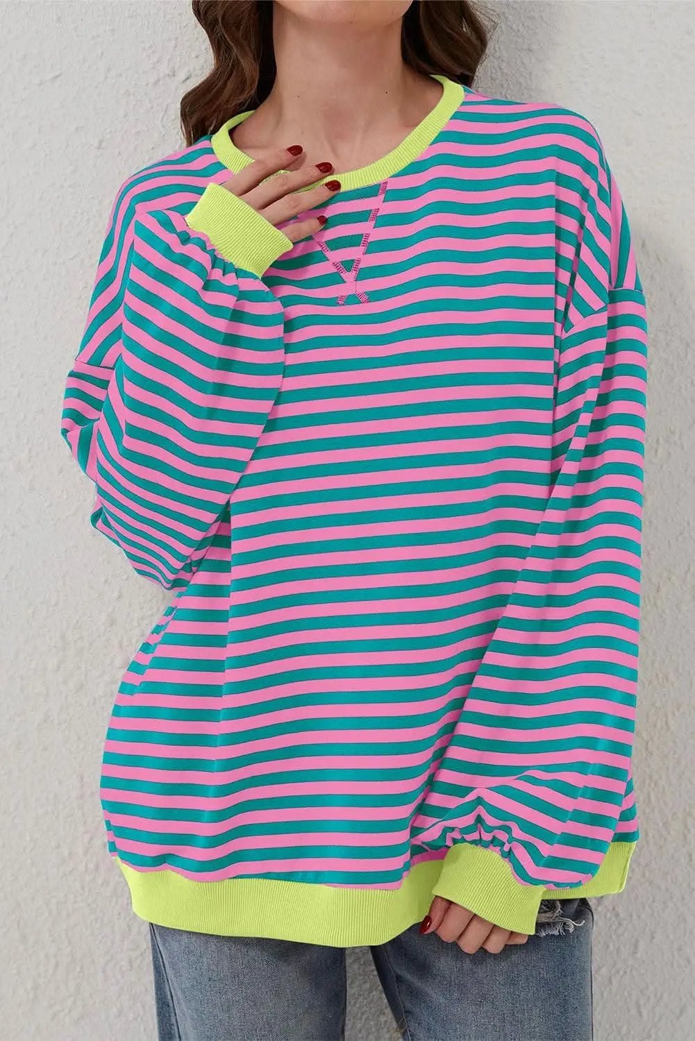 Sweaters Love Salve Trendy oversized green striped pullover