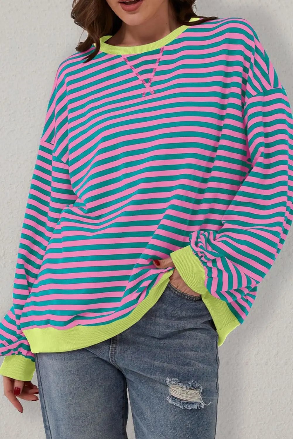 Sweaters Love Salve Trendy oversized green striped pullover