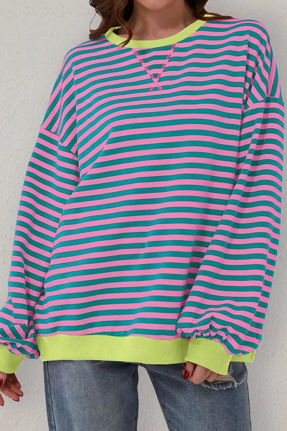 Sweaters Love Salve Trendy oversized green striped pullover
