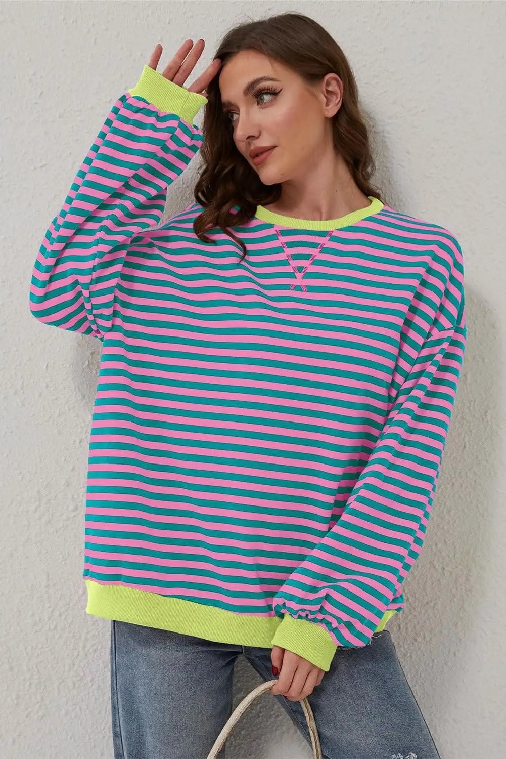 Sweaters Love Salve Trendy oversized green striped pullover