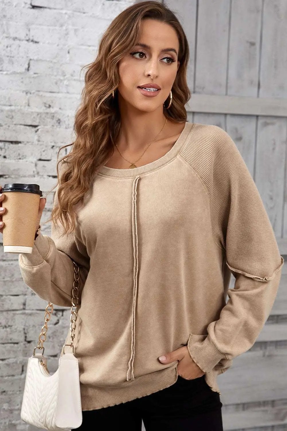 Pants Love Salve Chic light beige waffle knit sweatshirt