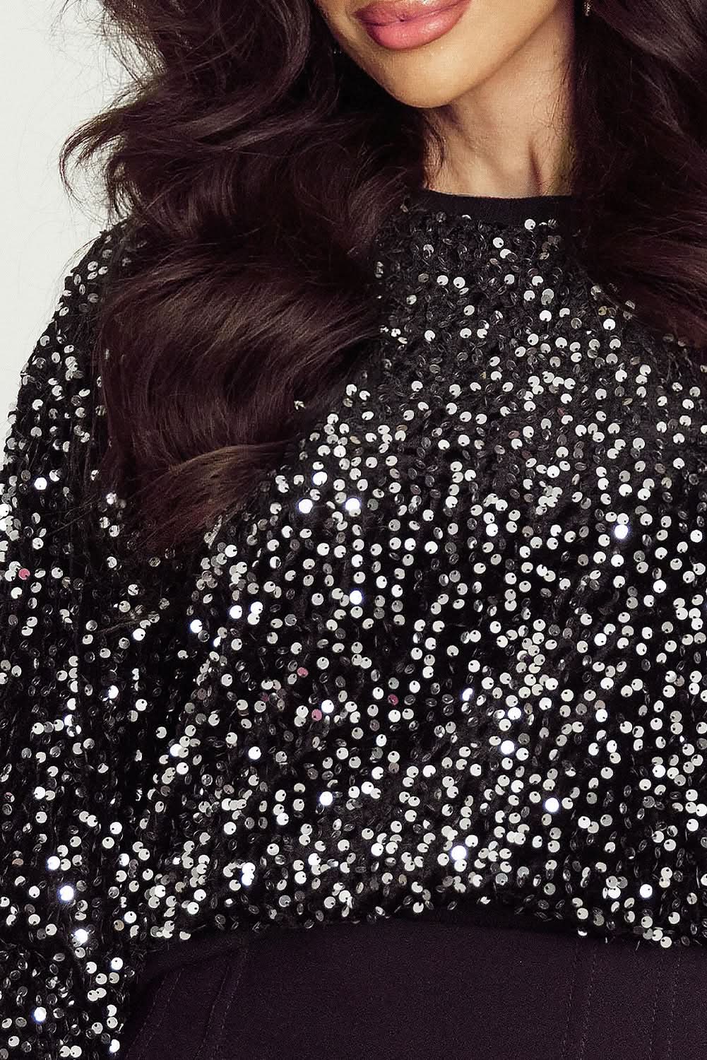 Accessories Love Salve Black Sequined Long Sleeve Crew Neck Cropped Blous