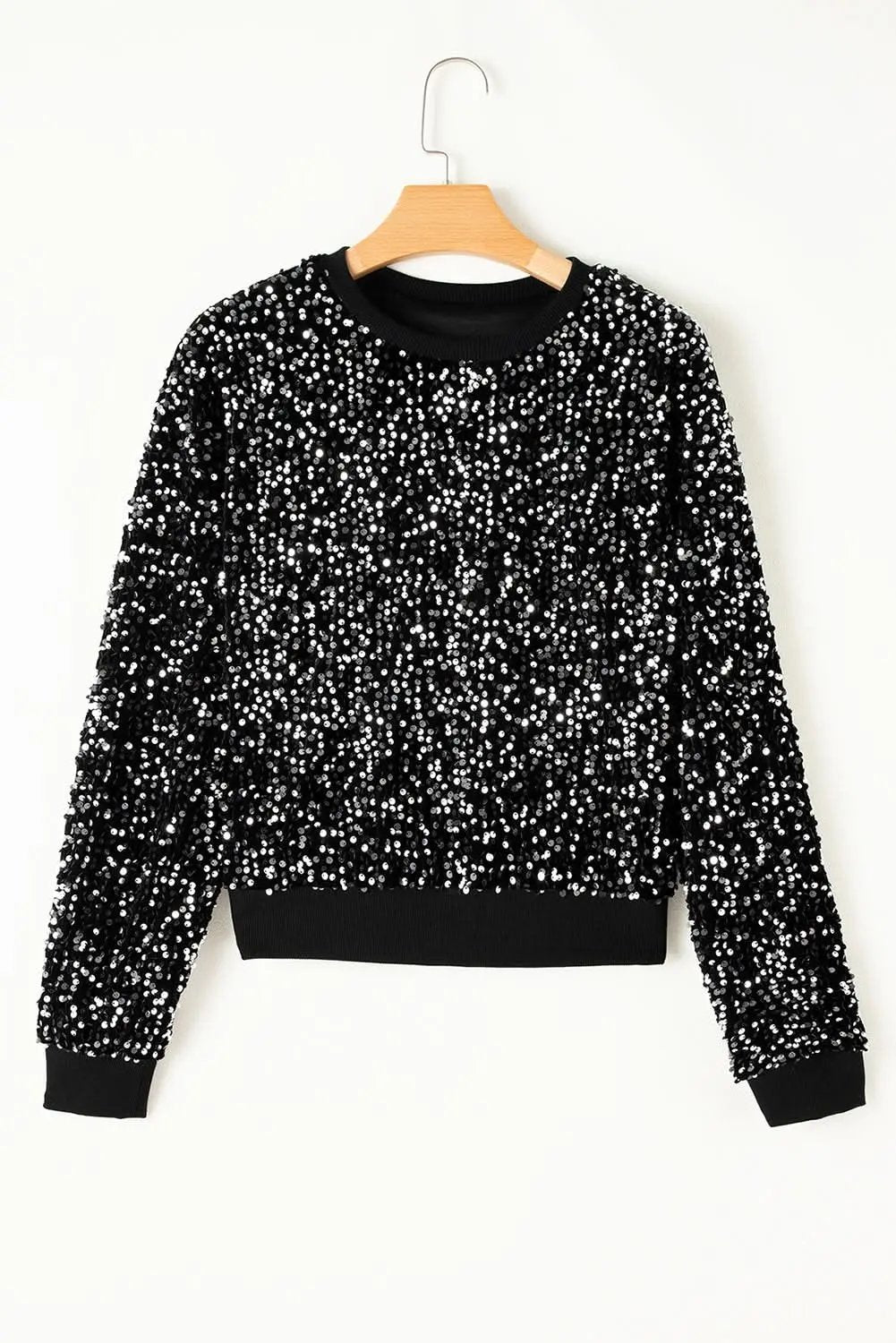 Accessories Love Salve Black Sequined Long Sleeve Crew Neck Cropped Blous