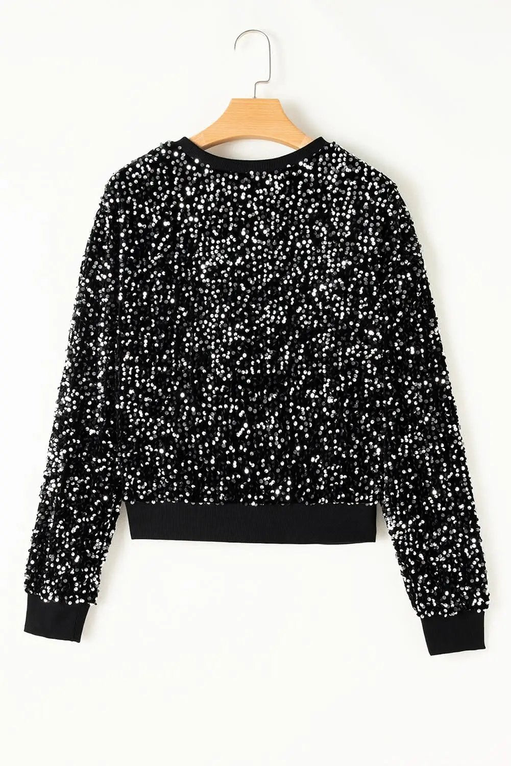 Accessories Love Salve Black Sequined Long Sleeve Crew Neck Cropped Blous