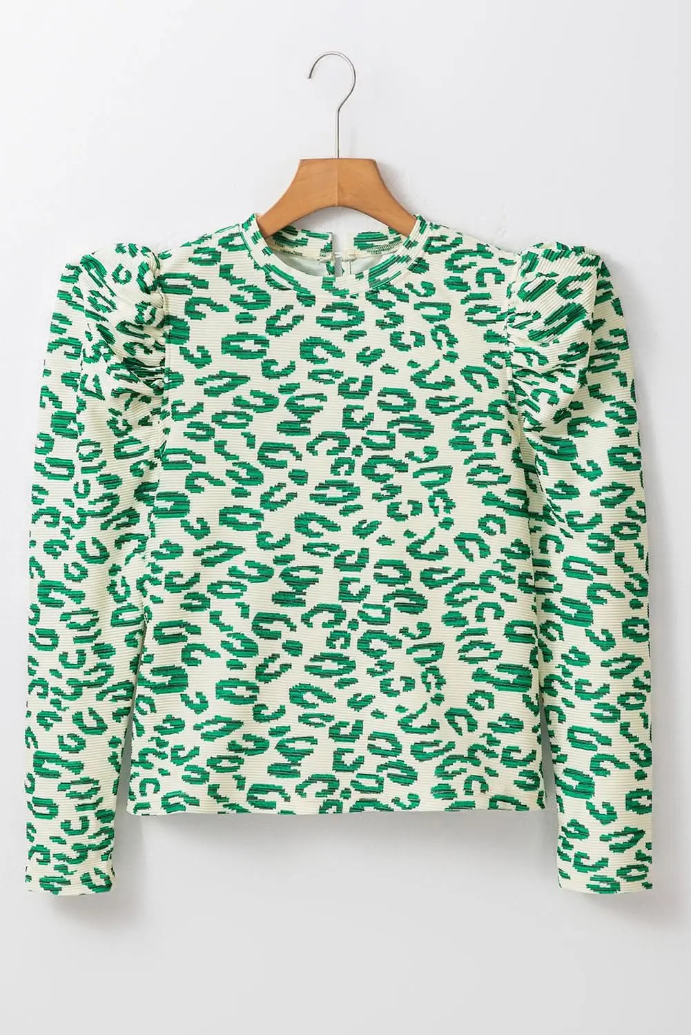 Tops/Blouses & Shirts Love Salve Blackish Green Leopard Print Mock Neck Puff Sleeve