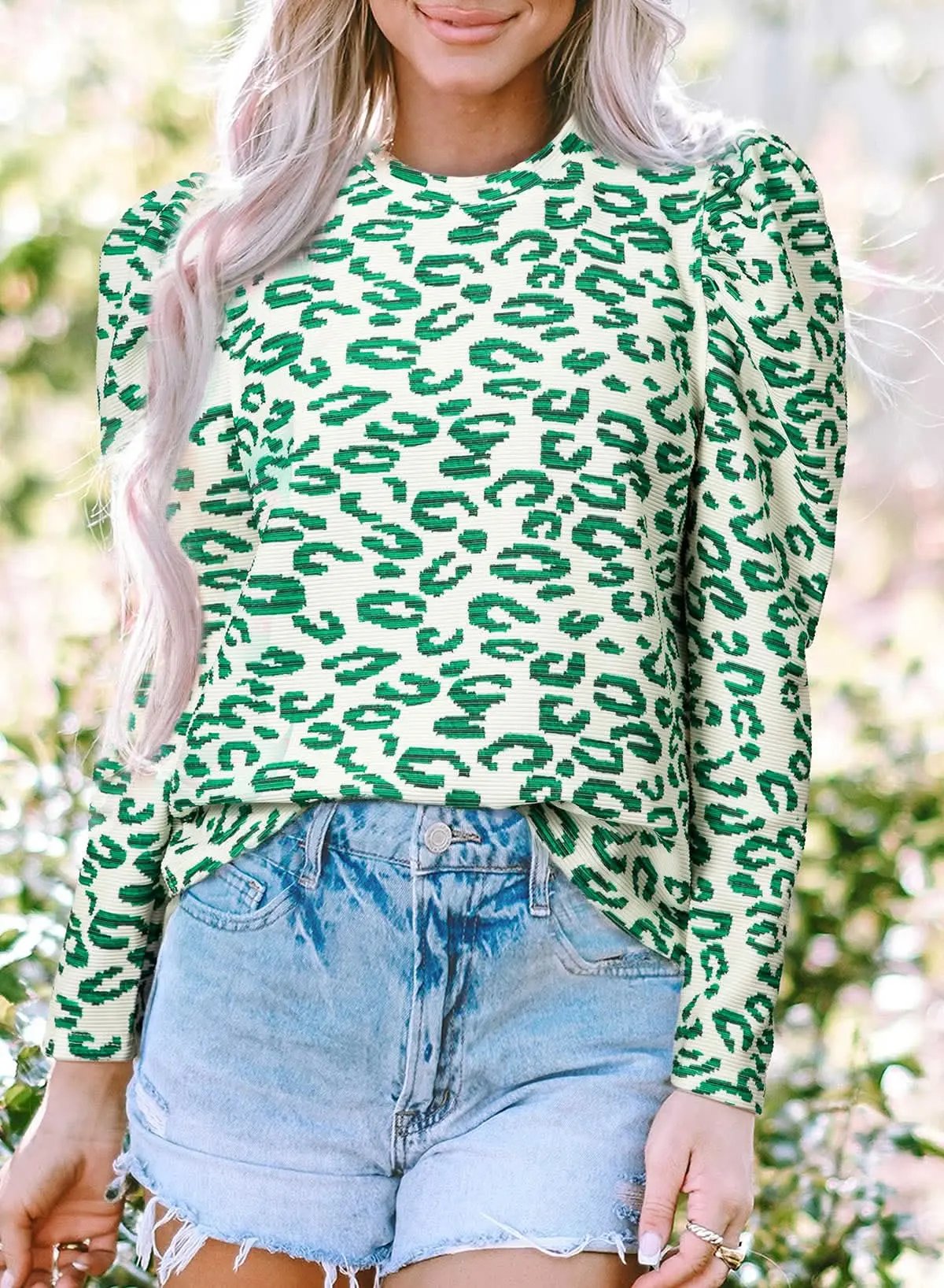 Tops/Blouses & Shirts Love Salve Blackish Green Leopard Print Mock Neck Puff Sleeve