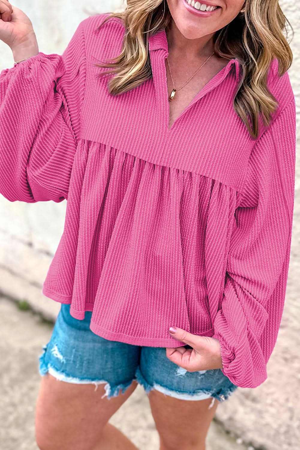 Love Salve Corded Bubble Sleeve Blouse — Pink Babydoll Top