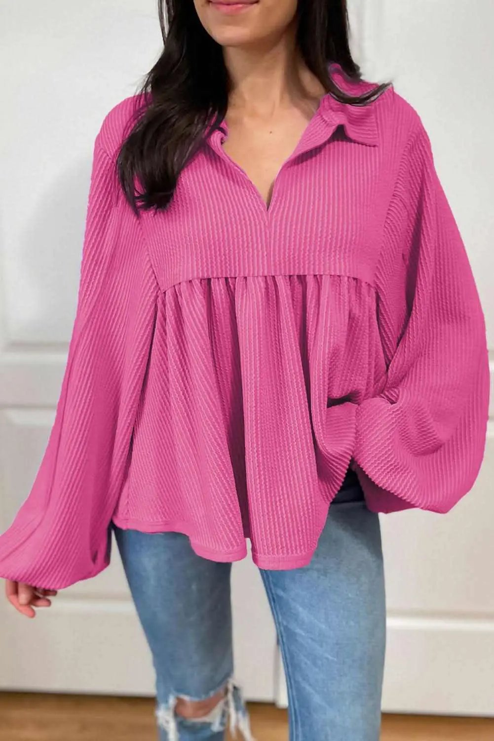 Love Salve Corded Bubble Sleeve Blouse — Pink Babydoll Top