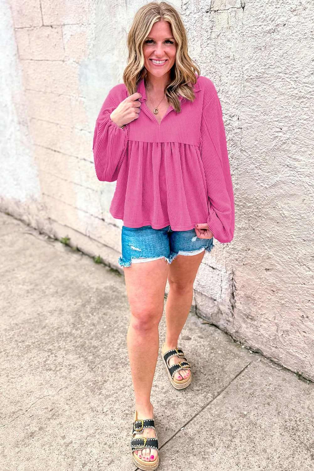 Love Salve Corded Bubble Sleeve Blouse — Pink Babydoll Top