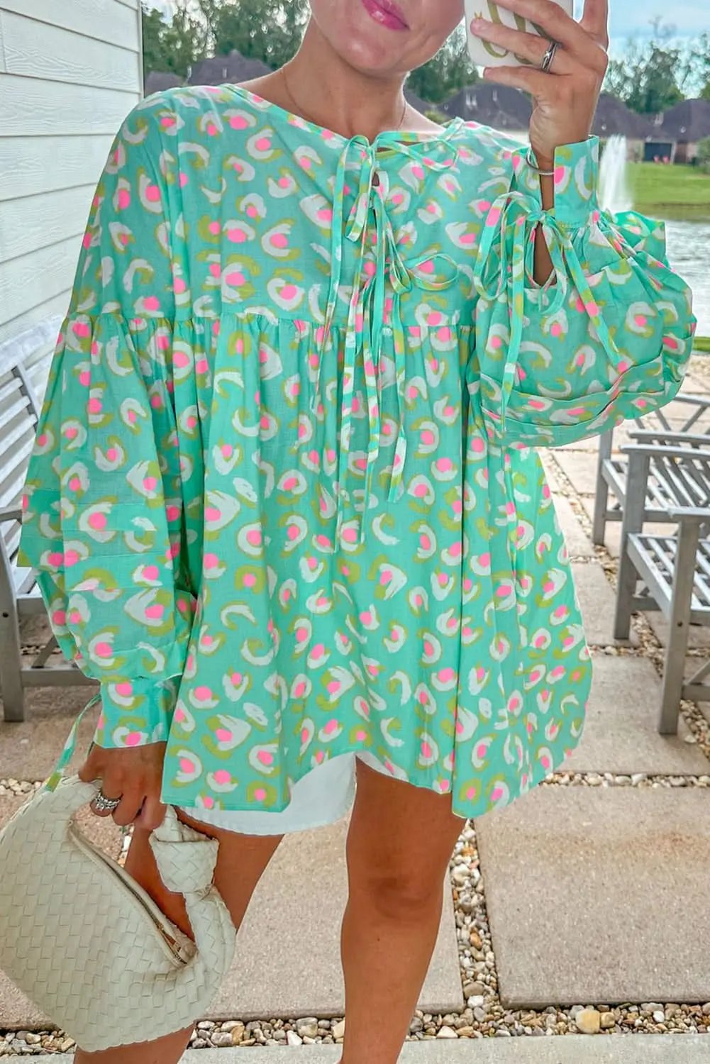 Accessories Love Salve Green Abstract Printed Lace-up Lantern Sleeve Baby