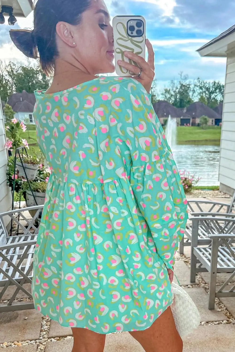 Accessories Love Salve Green Abstract Printed Lace-up Lantern Sleeve Baby