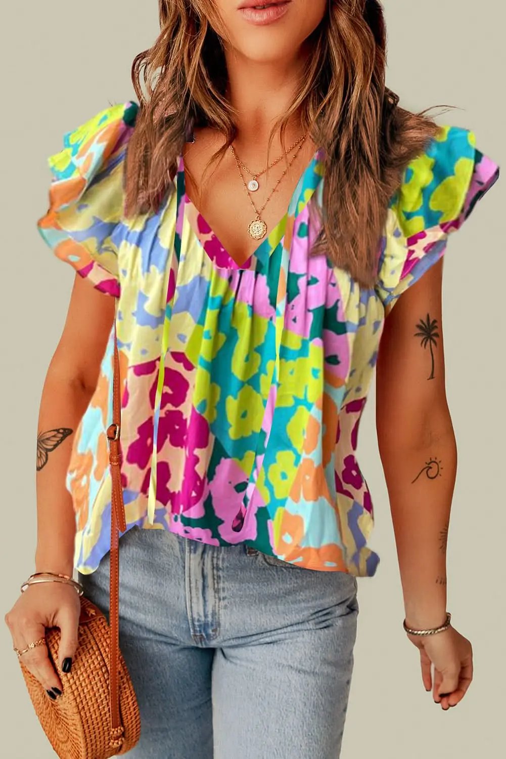 Women's Blouse Love Salve Women's Leopard V-Neck Crinkled Blouse