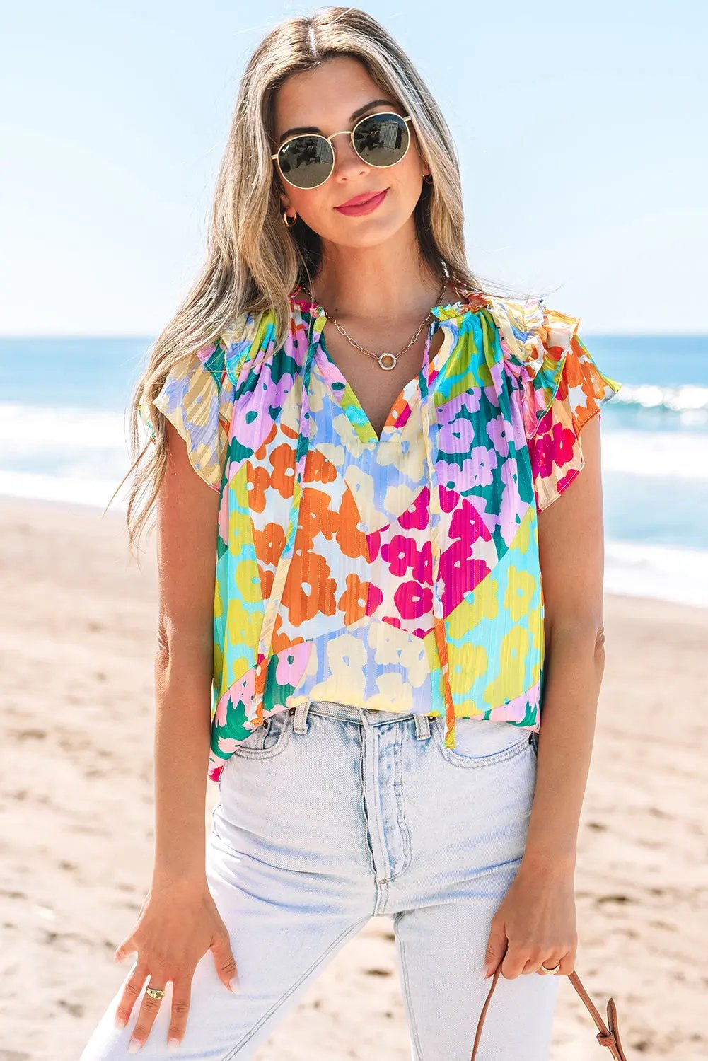 Women's Blouse Love Salve Women's Leopard V-Neck Crinkled Blouse