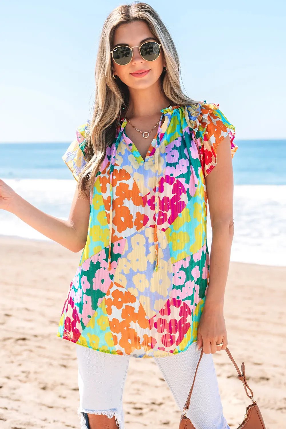 Women's Blouse Love Salve Women's Leopard V-Neck Crinkled Blouse