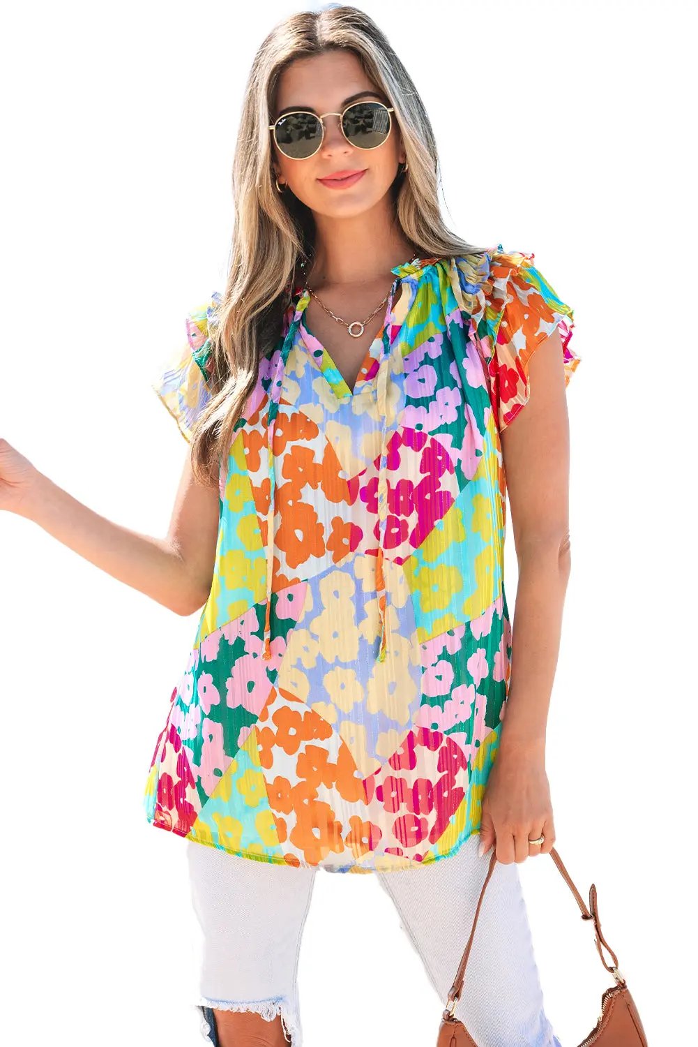 Women's Blouse Love Salve Women's Leopard V-Neck Crinkled Blouse
